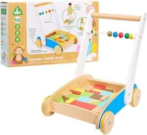 Wooden baby walker with wooden Bricks Blocks activity cart